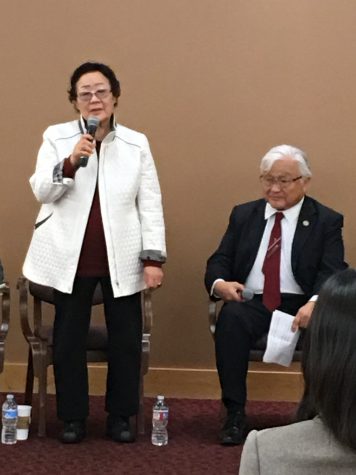 Grandmother Lee (left) answers a question from the audience. The event was hosted at Santa Clara University on March 11. 