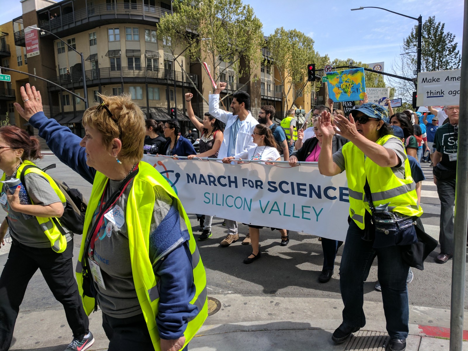 Protestors participating in the March for Science in San Jose carry signs and chant slogans. Worldwide, 610 satellite marches were held in addition to the main march in Washington, D.C.