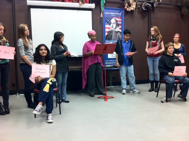 Students read lines during a prologue to a production of Love's Labors Lost. Actors share insights into Shakespeare and his works during the prologues at the Oregon Shakespeare Festival.