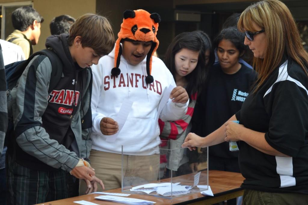 Sophomores Ajay Chitkara and Jeremiah Anderson prepare to submit their votes for the Homecoming Court during long lunch today.