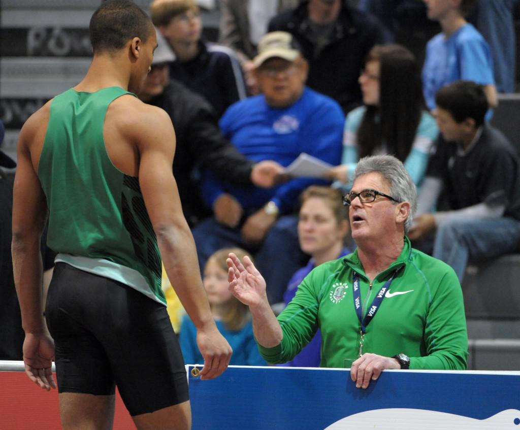 Feb 26, 2012; Albuquerque, NM, USA; Ashton Eaton (left) talks with coach Harry Marra in the 2012 USA Indoor Championships at the Albuquerque Convention Center.