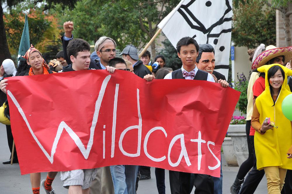Seniors including Eric Zhang, Richard Fan, Nikhil Panu, and Josh Tien march with a Wildcats sign at the Homecoming Parade. The class of 2013 came in first for this years Homecoming Week. 
