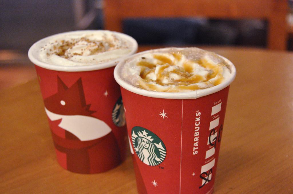 Gingerbread Cremé (left) & Salted Caramel Hot Chocolate (right) are two of Starbucks seasonal favorites during the holidays. Other coffee shops such as Peets Coffee and Tea also offer delectable hot drinks for the winter.