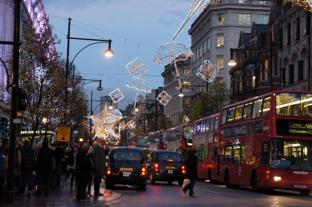 London streets prepare for the holiday by donning the streets with festive light displays.