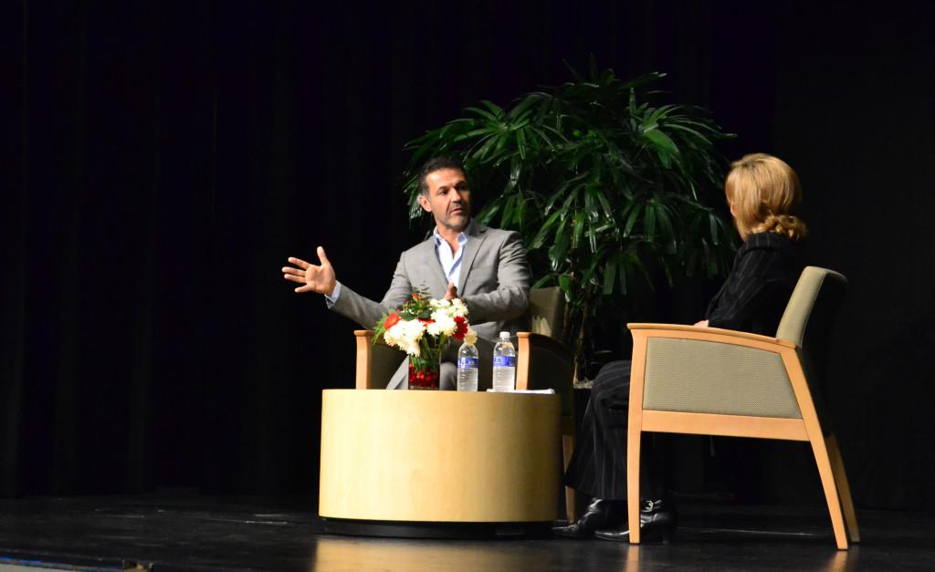 Emmy+award-winning+ABC+7+news+anchor+Cheryl+Jennings+interviews+internationally+renowned+author+and+philanthropist+Khaled+Hosseini+on+November+30+at+the+Upper+School.+Hosseini+became+a+New+York+Times+bestselling+author+with+his+two+books+The+Kite+Runner+and+A+Thousand+Splendid+Suns.