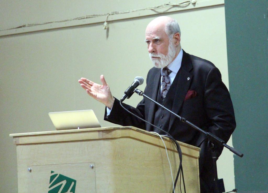 Considered one of the fathers of the Internet, Vinton Cerf speaks in front of Upper School students and faculty in the gym. Cerf visited the campus on Friday, January 11 to give a speech regarding hearing impairment as well as ongoing technical innovations.
