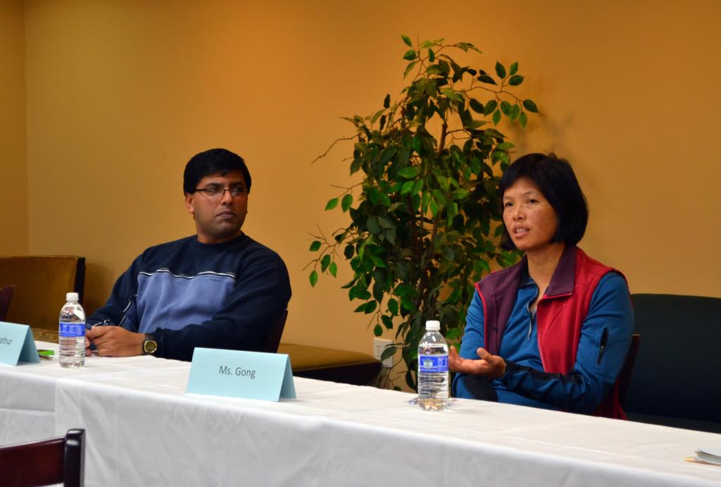 Panelists Gautham Nadathur and Maria Gong answer questions from students regarding engineering as a career path. The talk was held in the Faculty Dining Room during lunch on Monday, January 14.