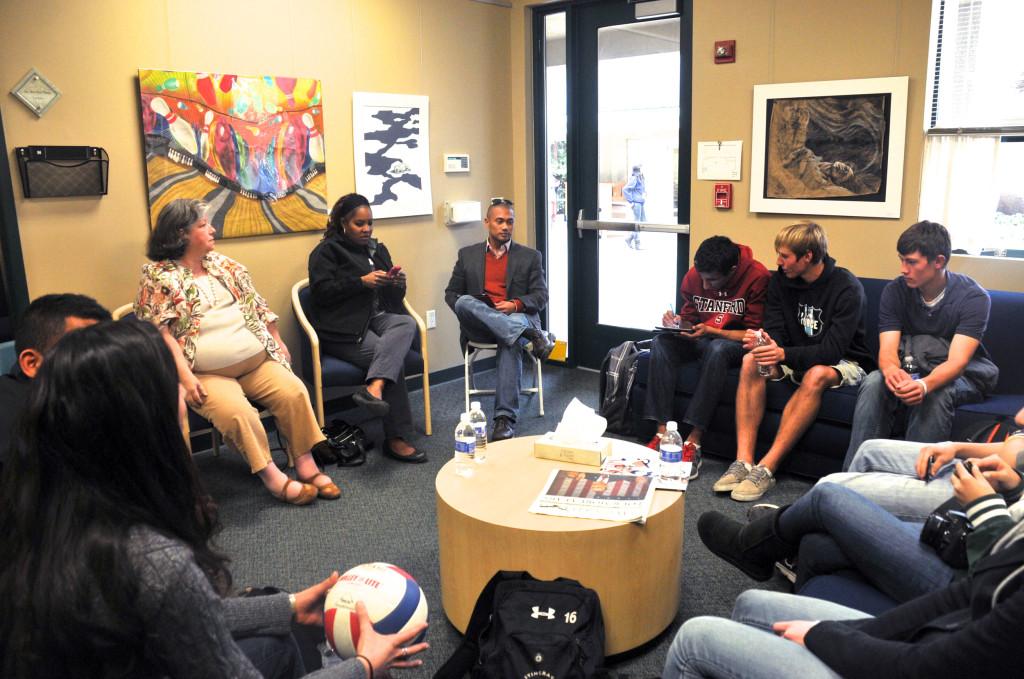 Eight seniors along with counselors and administrators from both the Saratoga and Blackford campuses gather for their last meeting before the assembly this Friday. The group planned to discuss major bullying issues with the middle school students.