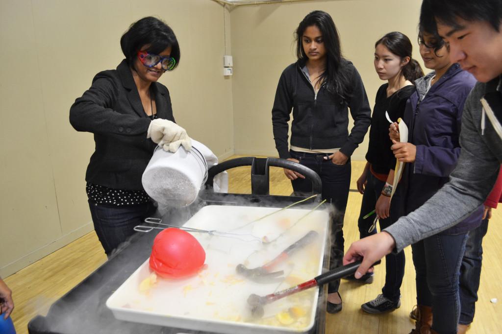 Chemistry teacher Dr. Smriti Koodanjeri pours liquid nitrogen into a tray to freeze flowers and a balloon, while Jerry Shen (11) takes a hammer to see how the flowers react. The demo was just one of many activities featured at the fair.