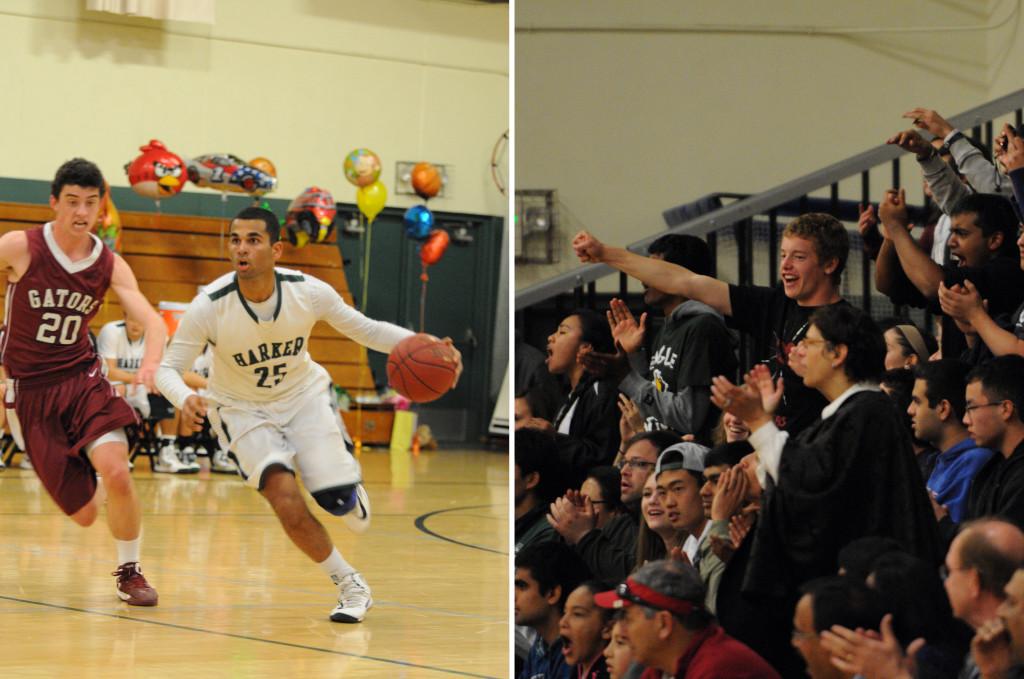 Students and parents cheer on the Varsity boys basketball team as they face rivals Sacred Heart Preparatory for the second time this season. Their 51-52 loss to the Gators occurred on senior night this Tuesday where seniors JP Doherty, Drew Goldstein, Jacob Hoffman, Nikhil Panu (pictured, left), Spenser Quash, Apricot Tang, and Matthew Giammona were honored with posters, flowers, and a ceremony preceding the game.