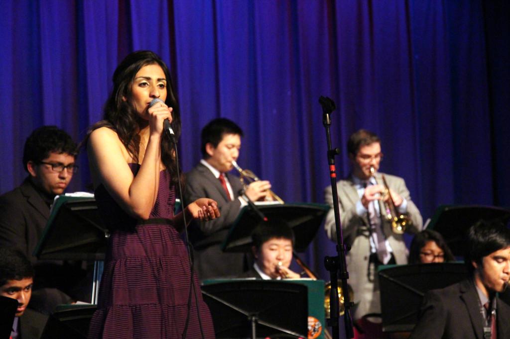 Senior Nina Sabharwal performs Adeles Skyfall with the Upper School Jazz Band. Adeles song was altered to make the song fit into the jazz genre. The show contained a variety of songs from Spanish song “Malaguena” by Ernesto Lecuona to the classic “Saints Go Marching In.”