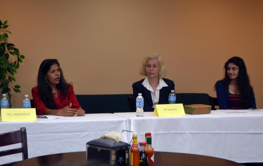 Yalia Jayalakshmi and Dr. Olga Issakova answer student questions during the panel. The biotechnology panel was held during both lunches on Monday.