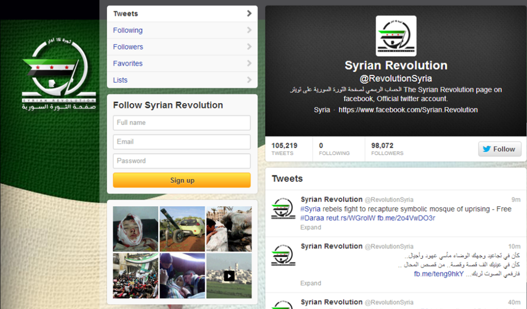 A Twitter page on the Syrian Revolution provides updates on ongoing conflicts. Twitter sparked protests before, most notably in the 2011 Egyptian revolution against Hosni Mubarak.