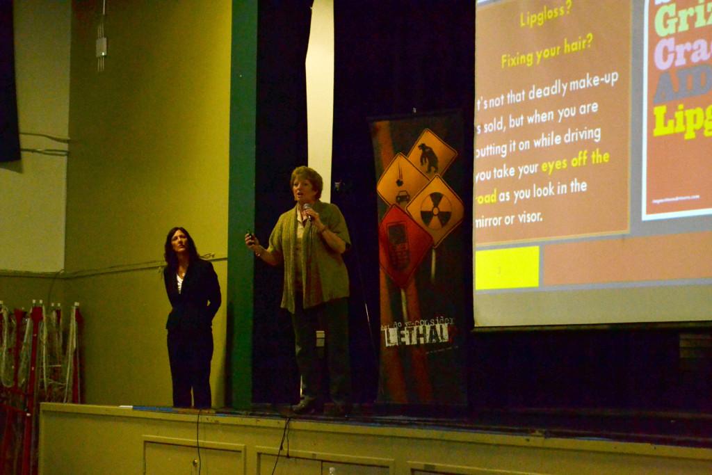 Martha Tessmer shares the story of her son with students on the February 28 driving safety assembly.  She is a part of the Impact Teen Drivers program which urges teenagers to remember to drive cautiously and be good passengers.