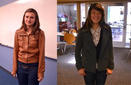 Sophomore Mishi Vachev (left) sports a brown leather jacket over a tank top and long sleeve sweater. Senior Priscilla Auyeung (right) wears a patterned long sleeve button down, a black cardigan, and a grey peacoat. Many students layer clothing on days where it is cold in the morning and warm in the afternoon. 
