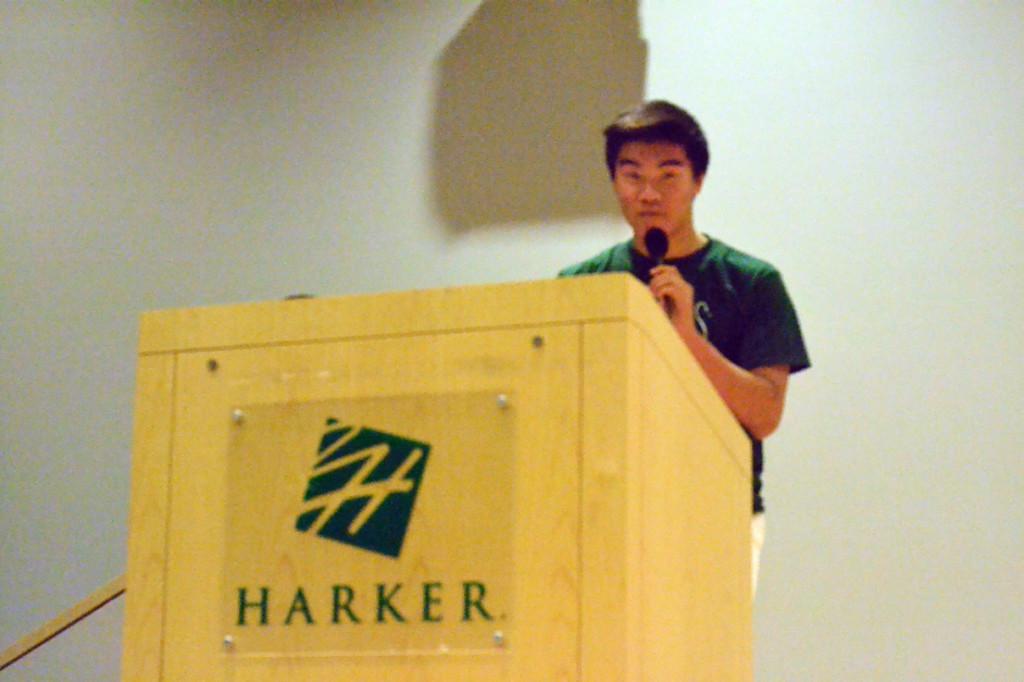 Junior Kenneth Zhang, who is running for spirit coordinator for the second year in a row, recites his speech. Students assembled in the Nichols auditorium to listen to their classmates speak.