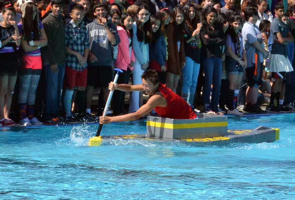 Sophomore Aaron Huang rows the sophomore boat to victory in the Duct Tape Regatta for the second year in a row. The competition took place in the pool on Thursday, April 25.