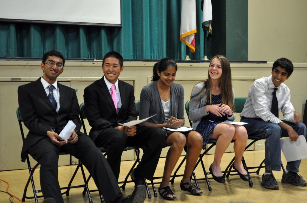 From left to right, Rohith Bethanabotla (11), Vincent Lin (11), Sahithya Prakash (11), Sarah Bean (10), and Arjun Goyal (11) wait for their turn to recite their speeches. Upper School students convened in the gym on Wednesday, April 17 to listen to ASB candidacy speeches before voting on Friday.