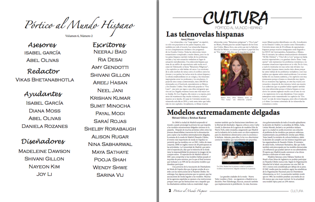 On the right is the culture section of the newsletter; the top article is about soap operas in the Latin world, and the bottom is about the advent of weight regulations for models in Spain. This is the first time the newsletter is available only in an electronic format.