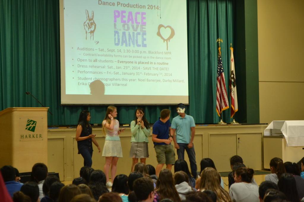 Juniors Noel Banerjee, Darby Millard, Julia Wang, Jeton Gutierrez-Bujari, and Glenn Reddy announce upcoming auditions for the 2014 Dance Production. Auditions are open to all students and will be held on September 14.