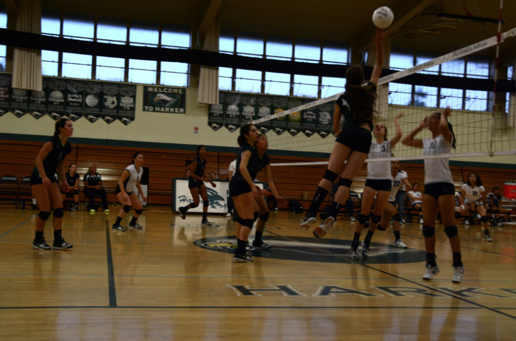 Katy Sanchez (11) jumps to hit the ball, earning the team the point for the rally. One improvement the players have made this year is the efficiency of their smashes. 