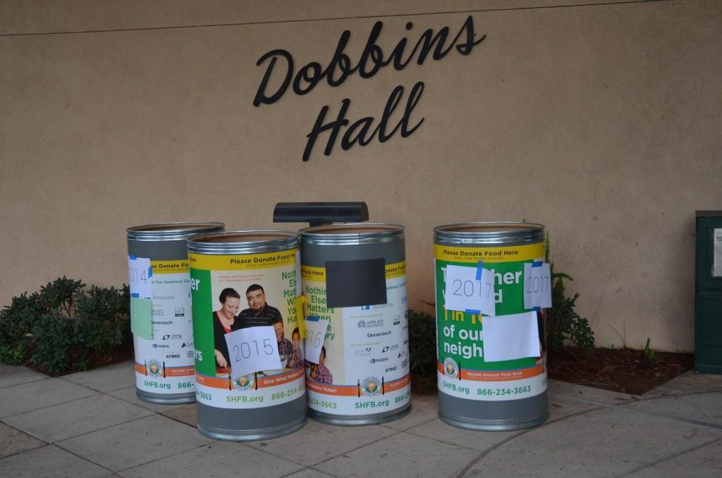 Food+drive+bins+are+distributed+around+campus+in+areas+such+as+in+front+of+Dobbins+Hall+and+Shah+Hall.+The+food+drive+will+end+on+November+22.