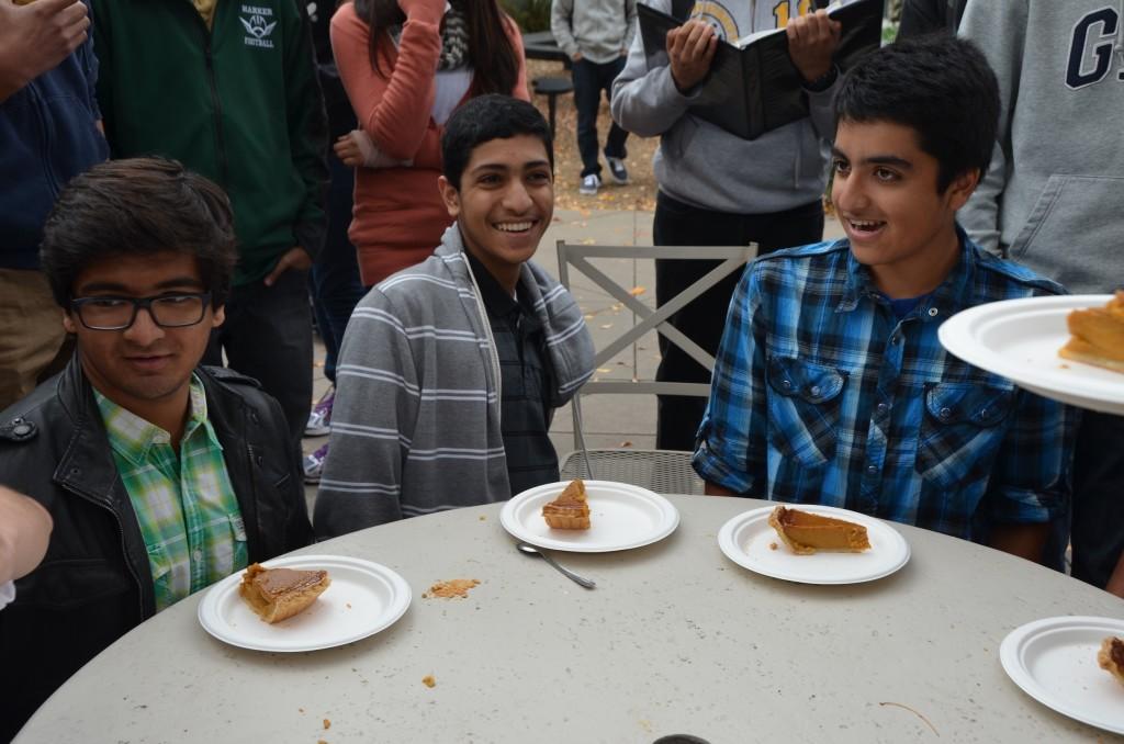 Aadyot Bhatnagar (11), Vivek Bharadwaj (10), and Avi Khemani (9) prepare for the pumpkin pie eating contest. Six contestants participated in the round, and Aadyot emerged victorious. Participants and onlookers alike enjoyed the Thanksgiving-themed event.