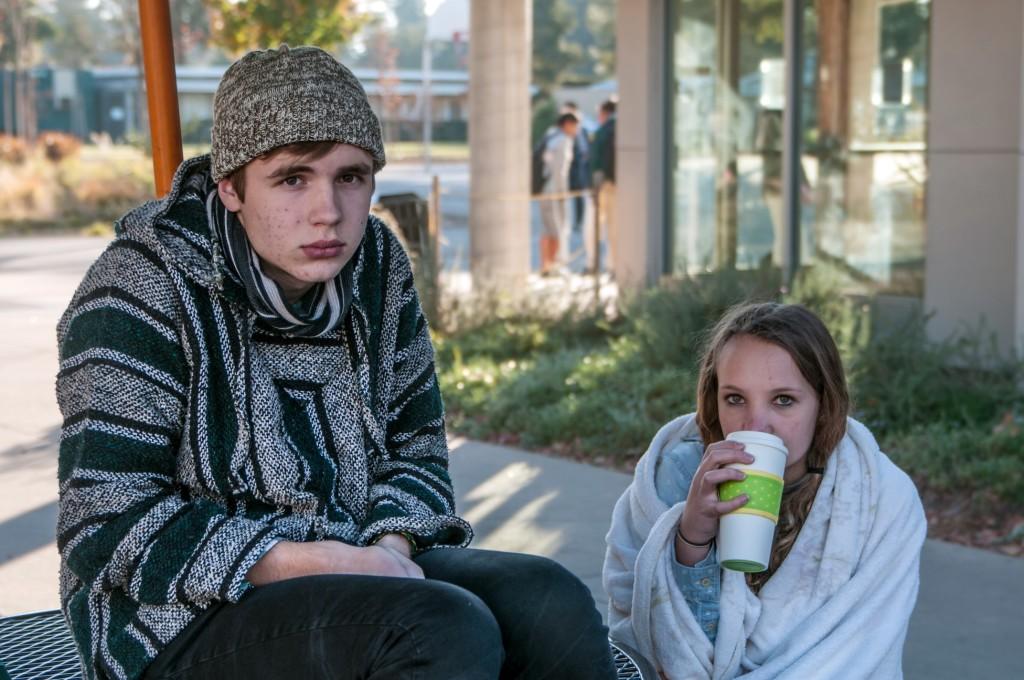 Sophomores Lev Sepetov and Chandler Nelson cope with the icy weather this week by bundling up and drinking hot beverages. Last week has seen record drops in temperatures in the Bay Area.