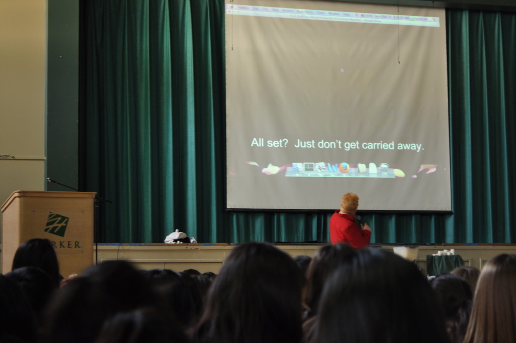 Diane Main, Assistant Director of Instructional Technology, educates the student body about the school Wi-Fi and encourages them to refrain from excessively using bandwidth.  