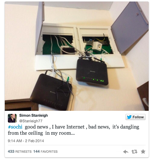 A Sochi journalists complains about his hotel wi-fi. Hotels have been reported to have poor living conditions.
