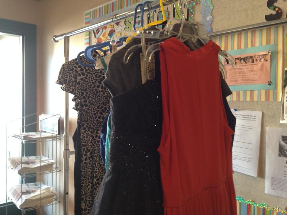 The dress rack for the Princess Project sits in Manzanita Hall. Last year, the drive brought in 28 dresses in total donations.