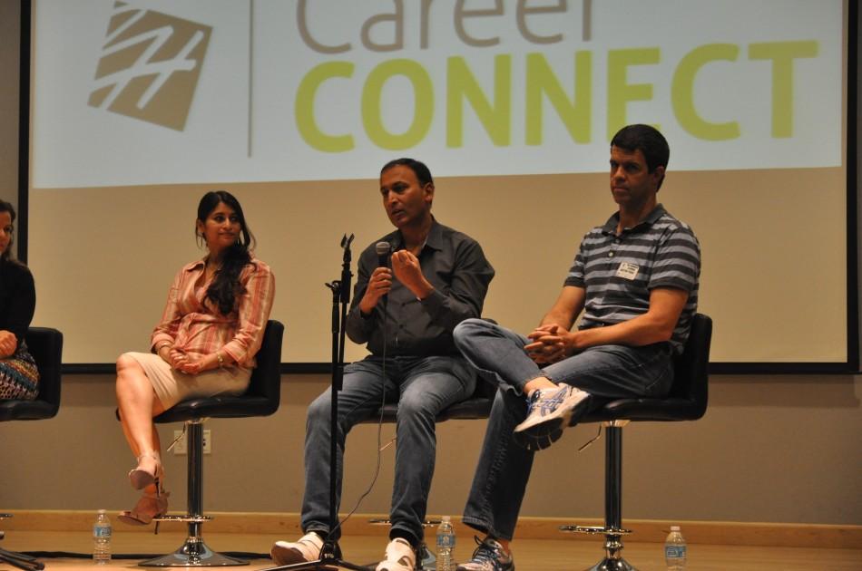 Manish Chandra, CEO and Founder of Poshmark, gives advice on starting a business to the audience. The CareerConnect business panel took place during long lunch in the Nichols Auditorium. 