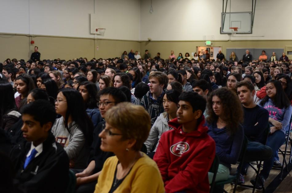 Students listen intently as Kate Kendell speaks to the school. Kate Kendell is the executive director of the National Center for Lesbian Rights (NCLR). 