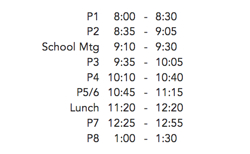 This is a copy of the special schedule today due to teacher comments. Classes are 30 minutes long.