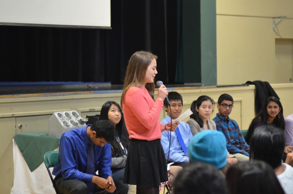 Sarah Bean (11) delivers her ASB candidacy speech in front of the freshmen, sophomores, and juniors during Wednesdays assembly. 