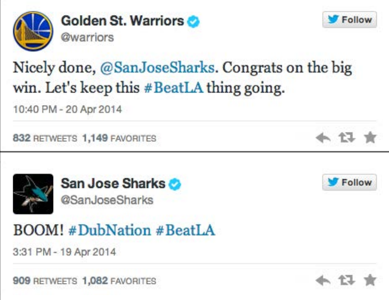 The Golden State Warrior and San Jose Sharks cheer each other on via twitter as both teams attempt to defeat their Los Angeles opponents in the first round of their respective playoff runs. 