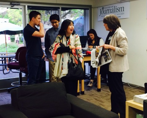 Students from the journalism program greet Karen Korematsu and Mary Beth Tinker. Harker was one of the five Northern California schools the Tinker Tour visited. 