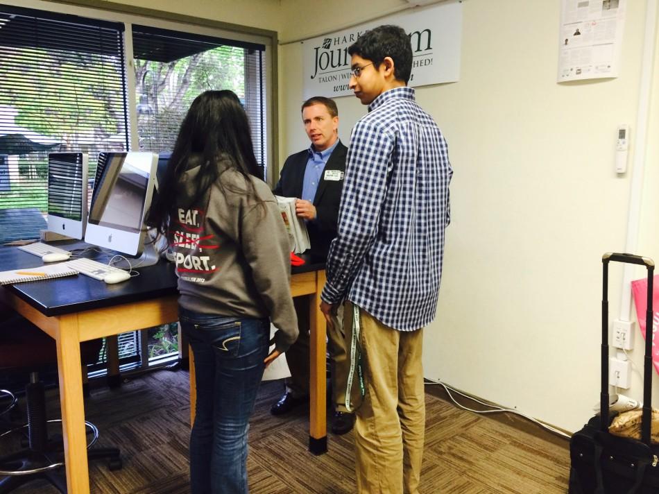 Frank LoMonte speaks to Winged Post Editors-in-Chief Meena Chetty (12) and Nikhil Dilip (12). LoMonte is the Executive Director of the Student Press Law Center. 
