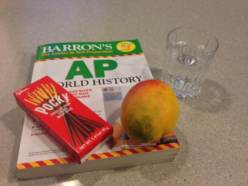 With fruit, water, and test prep books, students can successfully survive the next few weeks of APs. 