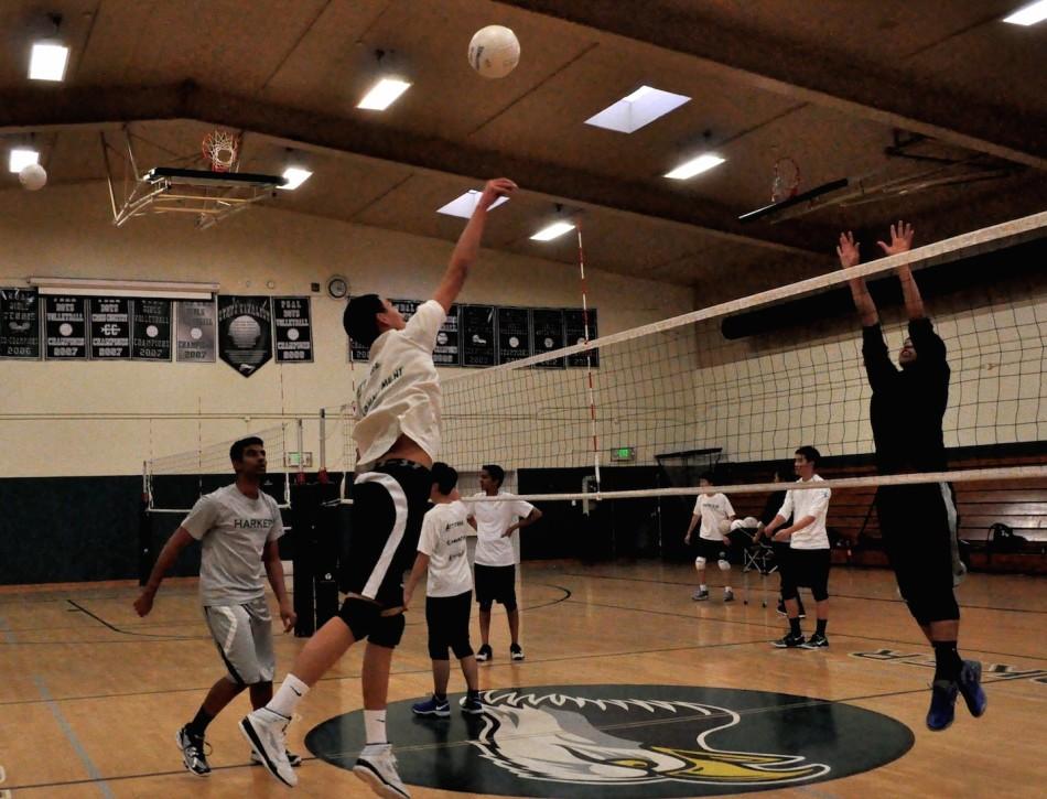 UP FOR A KILL: Captain Andrew Zhu (12) goes up for a kill during practice. He is ending his forth Varsity volleyball season with 256 kills.
