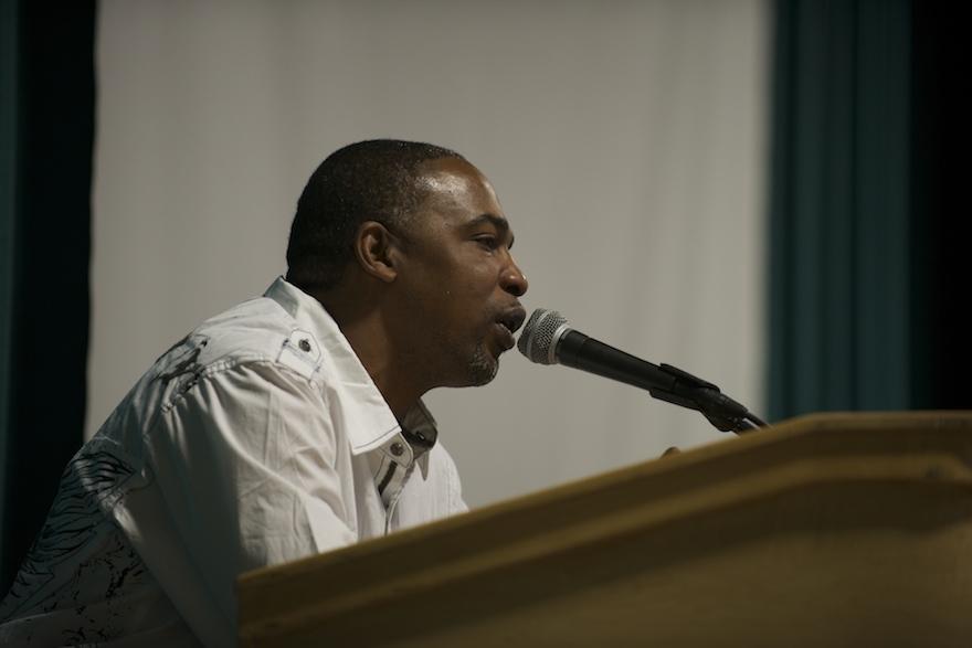 Maurice Caldwell addresses the student body at a school assembly on April 15.