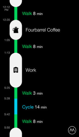 Moves helps users stay fit by tracking walking, running, and cycling. The app has a timeline so users can easily visualize their day with regard to fitness.