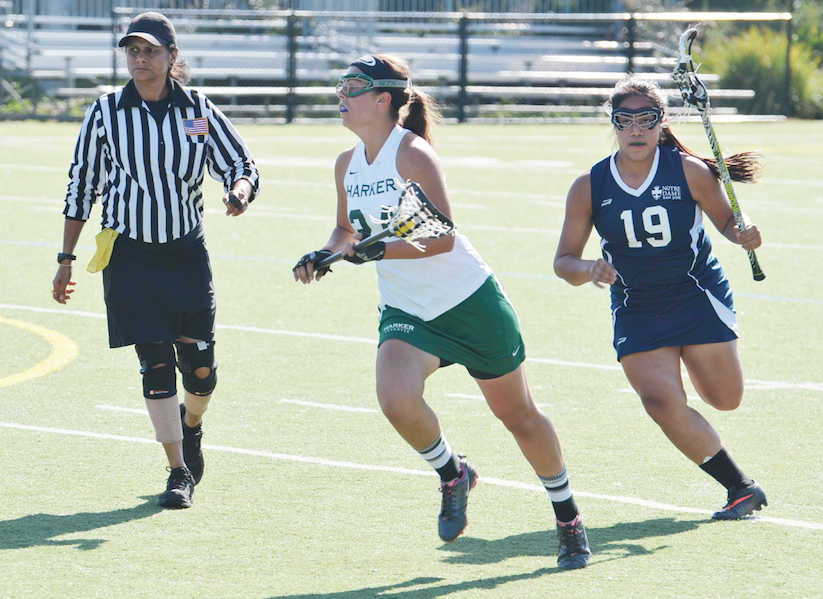Hannah Bollar (11) runs with the ball in a game against Notre Dame. Hannah plays as a midfielder for the Varsity lacrosse team. 