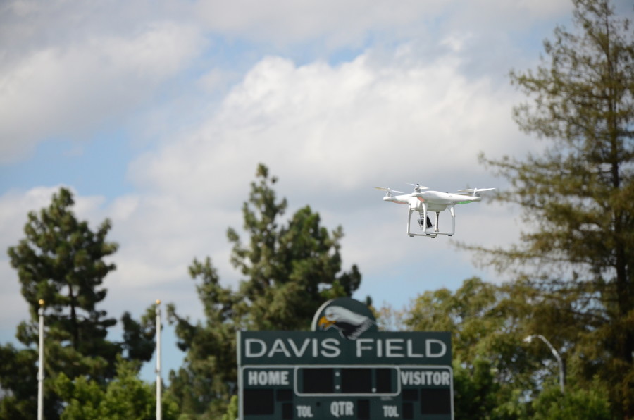 Under the guidance of Eric Marten, the journalism students tested the drone for the first time today on Davis Field. 