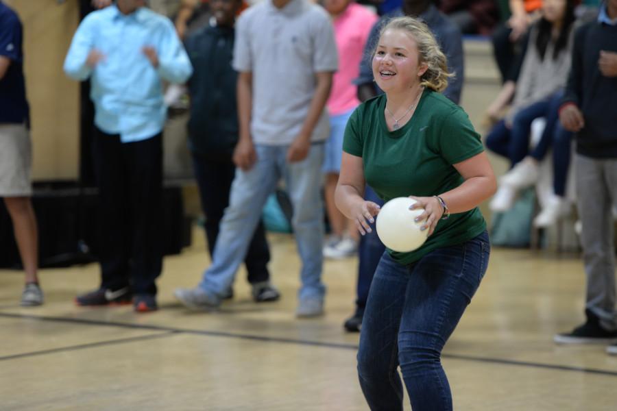 Elisabeth Schick (9) watches for any stray balls. This years annual dodgeball finals featured controversial calls and ended in a senior sit-in. 