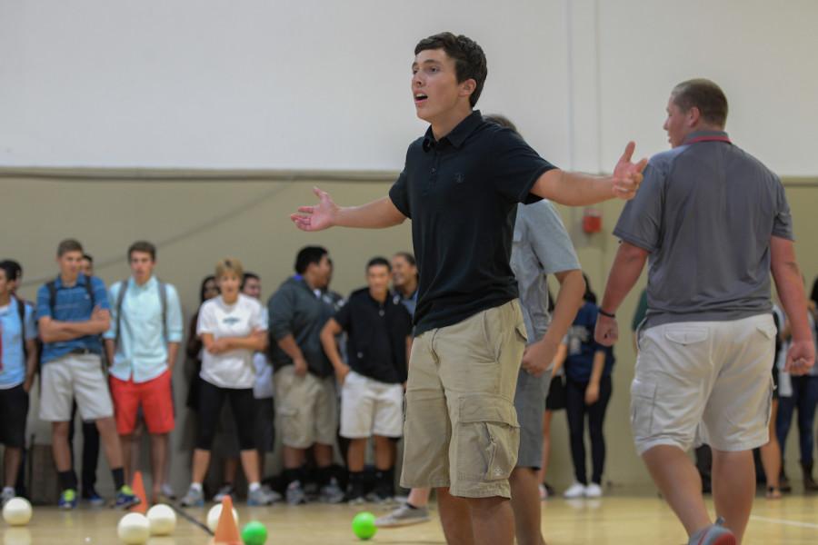 Johnathon Keller (11) displays disbelief at a call from the referees. This years annual dodgeball finals featured controversial calls and ended in a senior sit-in. 