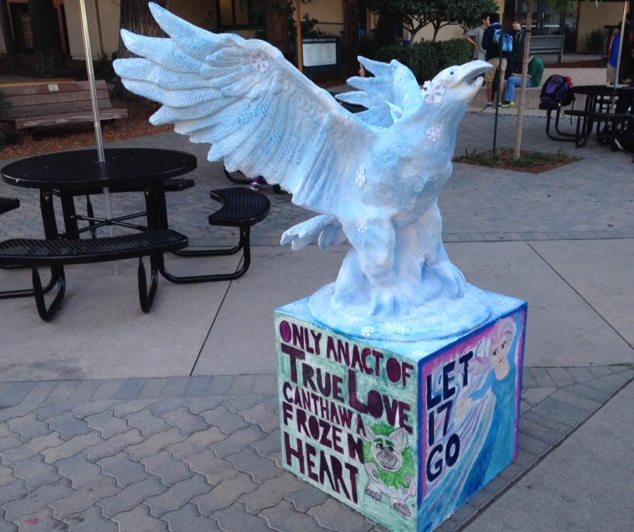 Sophomore class Frozen themed eagle on display in front of the journalism room. The eagles were judged later in the week.