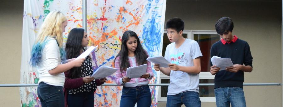 Chandler Nelson (11), Sana Aladin (10), Sahiti Avula (12), Darren Gu (9) and Sahil Kapur (9) prepare a scene from "Exit" directed by Zoe Woehrmann (12). Students prepared for Student Directed Showcase callbacks after school today.