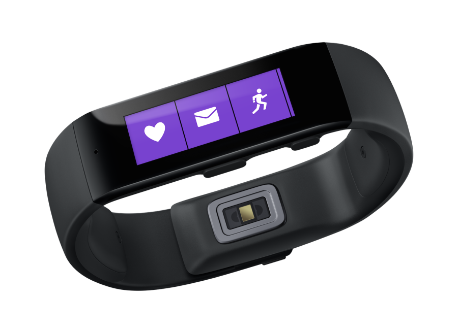 The Microsoft Band showing three separate apps : a heart monitor, an email client, and fitness. The Microsoft Band is controlled with an action button, touch screen, and microphone.