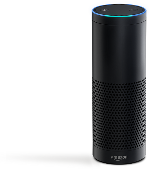 A top view and side view of the Amazon Echo. The Echo consists of an action and mute button, along with a volume button around the top to control music playback. 
